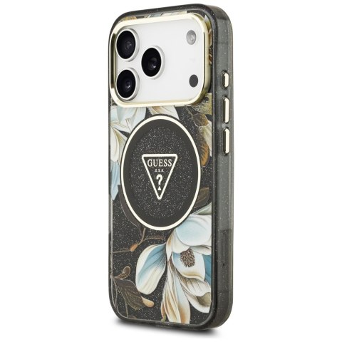 Etui Guess IML Glitter Flowers Triangle MagSafe do iPhone 17 Pro czarny