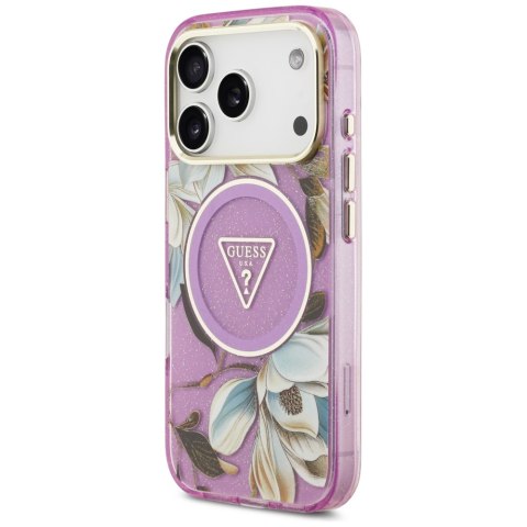 Etui Guess IML Glitter Flowers Triangle MagSafe do iPhone 17 Pro fioletowy