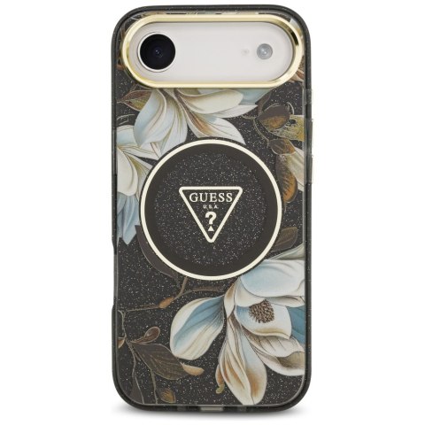 Etui Guess IML Glitter Flowers Triangle MagSafe do iPhone Air czarny