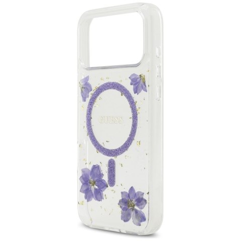 Etui Guess Resin Flowers Glitter MagSafe do iPhone 17 Pro Max fioletowy