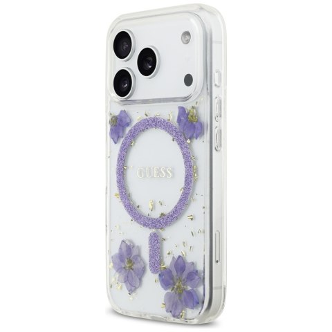 Etui Guess Resin Flowers Glitter MagSafe do iPhone 17 Pro fioletowy