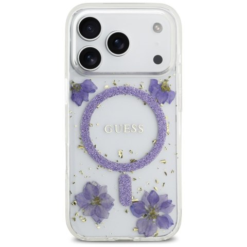 Etui Guess Resin Flowers Glitter MagSafe do iPhone 17 Pro fioletowy