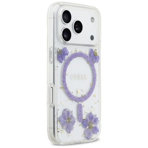 Etui Guess Resin Flowers Glitter MagSafe do iPhone 17 Pro fioletowy