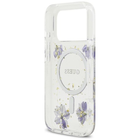 Etui Guess Resin Flowers Glitter MagSafe do iPhone 17 Pro fioletowy