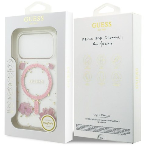 Etui Guess Resin Flowers Glitter MagSafe do iPhone 17 Pro różowy