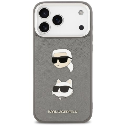 Etui Karl Lagerfeld FW Grained Karl & Choupette Heads Pins & Logo do iPhone 17 Pro Max szary