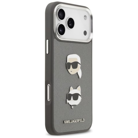 Etui Karl Lagerfeld FW Grained Karl & Choupette Heads Pins & Logo do iPhone 17 Pro Max szary