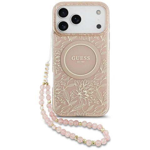 Etui Guess IML Flowers Electro Pearl Strap MagSafe do iPhone 17 Pro Max różowy