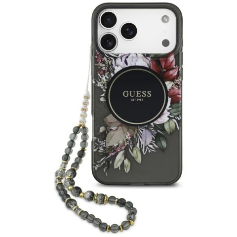 Etui Guess IML Flowers Pearl Strap MagSafe do iPhone 17 Pro Max czarny
