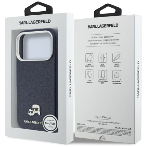 Etui Karl Lagerfeld Karl & Choupette Head Pins Saffiano MagSafe do iPhone 17 Pro Max niebieski