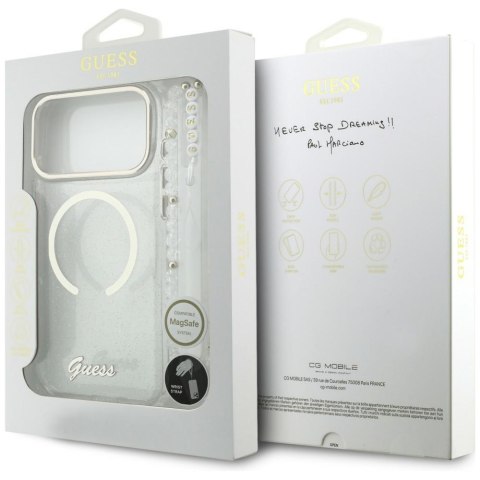 Etui Guess IML Glitters Script Strap MagSafe do iPhone 17 Pro Max przezroczysty