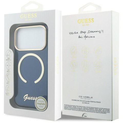 Etui Guess IML Script Metal MagSafe do iPhone 17 Pro Max niebieski