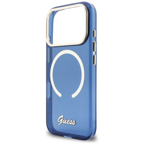 Etui Guess IML Script Metal MagSafe do iPhone 17 Pro niebieski