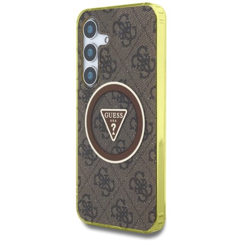 Etui Guess 4G Glitter Triangle Buttons MagSafe do Samsung Galaxy S25 brązowy