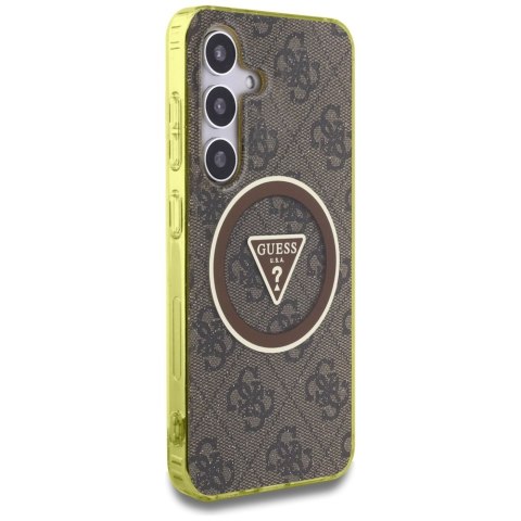 Etui Guess 4G Glitter Triangle Buttons MagSafe do Samsung Galaxy S25 brązowy