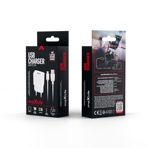 Maxlife ładowarka sieciowa MXTC-01 1x USB 2,1A biała + kabel USB-C