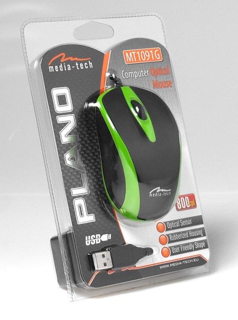 MT1091G PLANO - Myszka optyczna 800 cpi, 3 przyciski + rolka, interfejs USB, gumowana obudowa kolor zielony