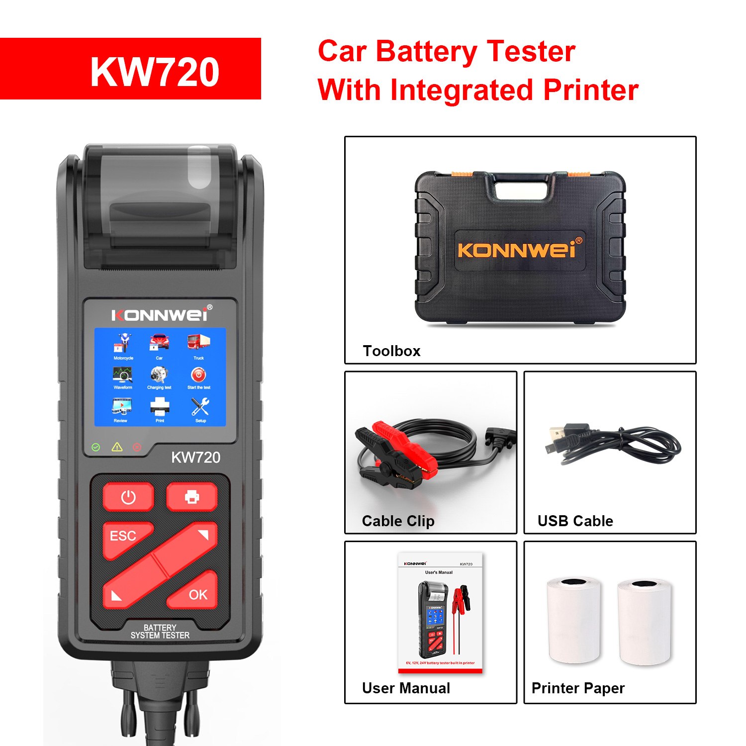 Miernik baterii z drukarką Konnwei KW720